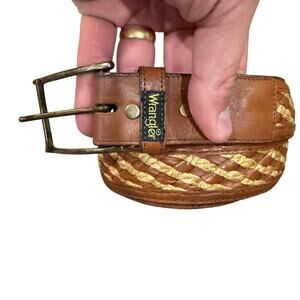 Vintage Wrangler Western Belt Mens 32 Brown Leather Woven Braided Made in Haiti